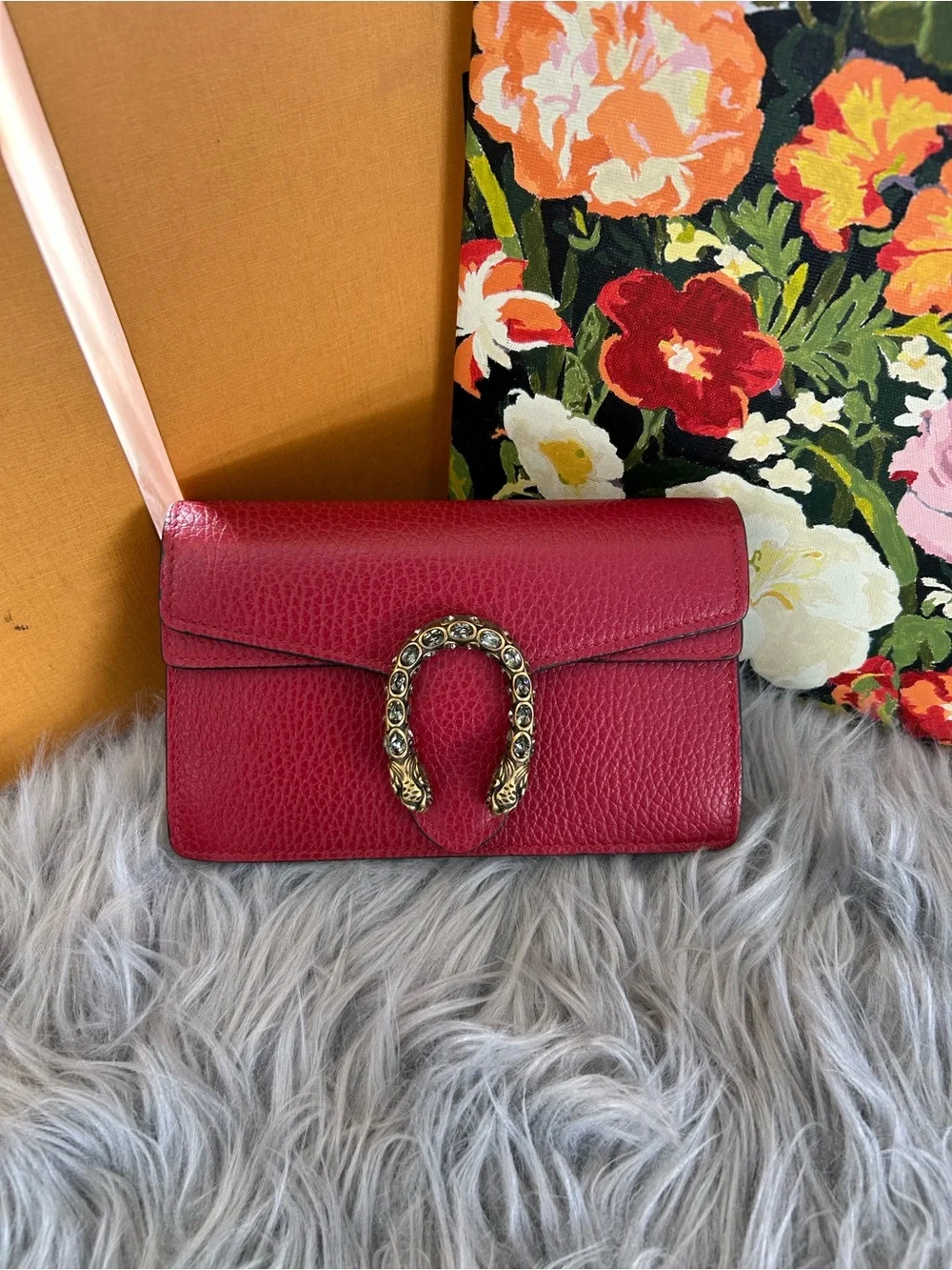 Red Leather Shoulder Bag with Decorative Gold Accent - Picture 1 of 5